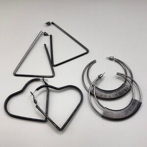 Bundle lot 3 statement size gunmetal hoop earrings heart geometric modernist.